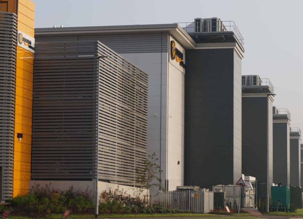 Modern data centre buildings with cooling units