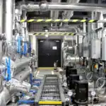 Industrial plant room with insulated pipes and machinery