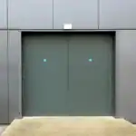 Grey industrial double metal door on building exterior