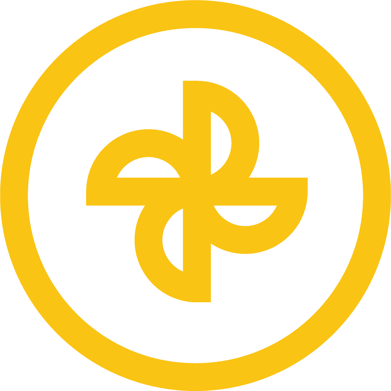 Yellow circular logo with abstract four-blade design